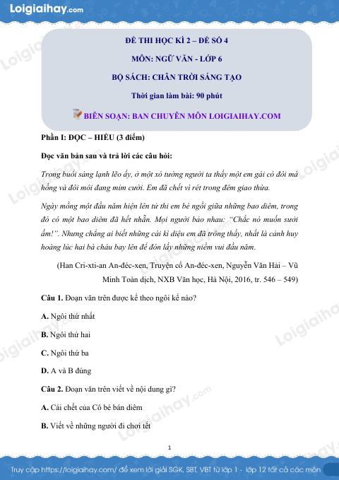 Đề thi học kì 2 Văn 6 Chân trời sáng tạo - Đề số 4